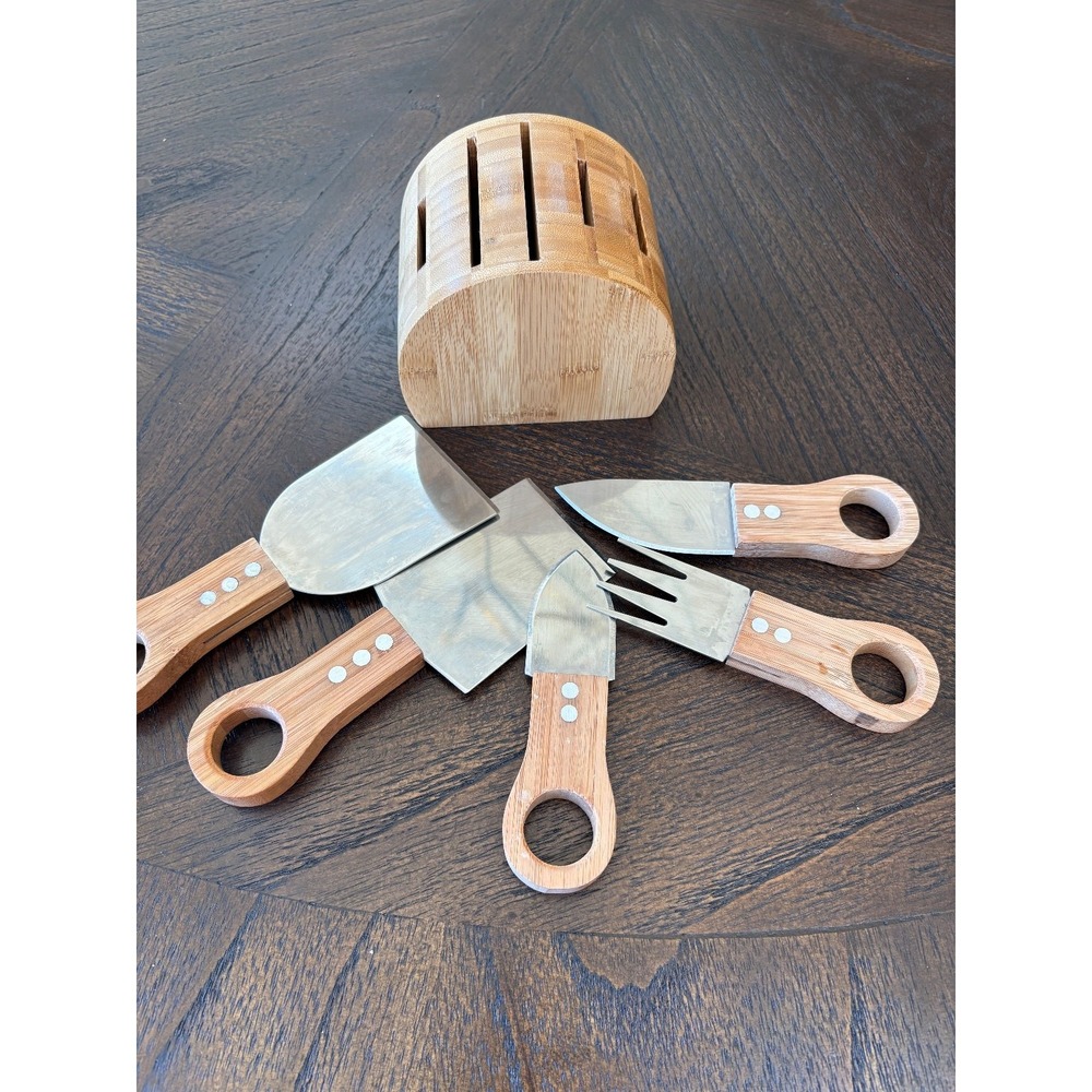Charcuterie board accessories 5 Piece cheese knife set wood handles bamboo block
